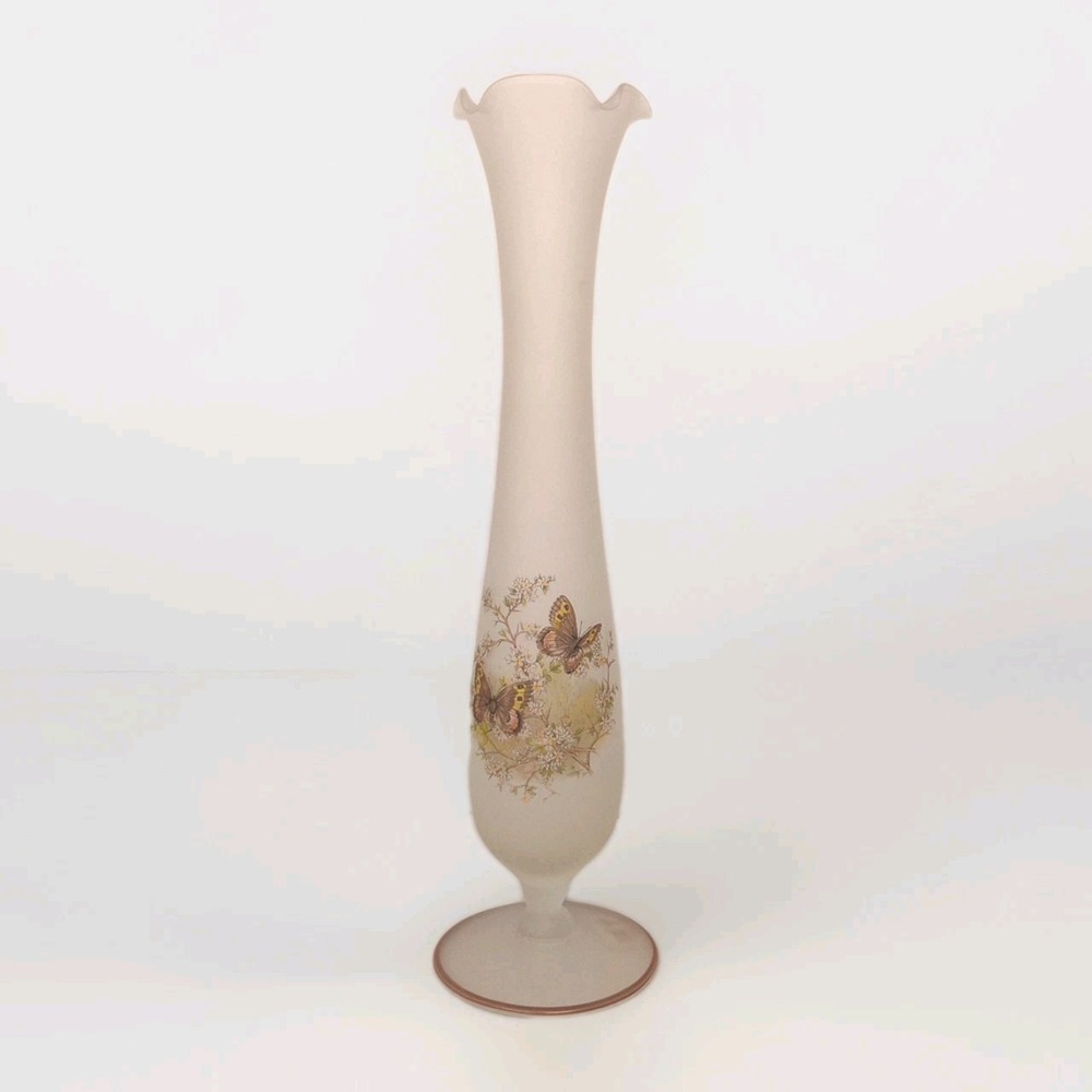 Vintage 10" Viking Frosted Glass  Bud Vase W/ Hand Painted Floral Arrangement